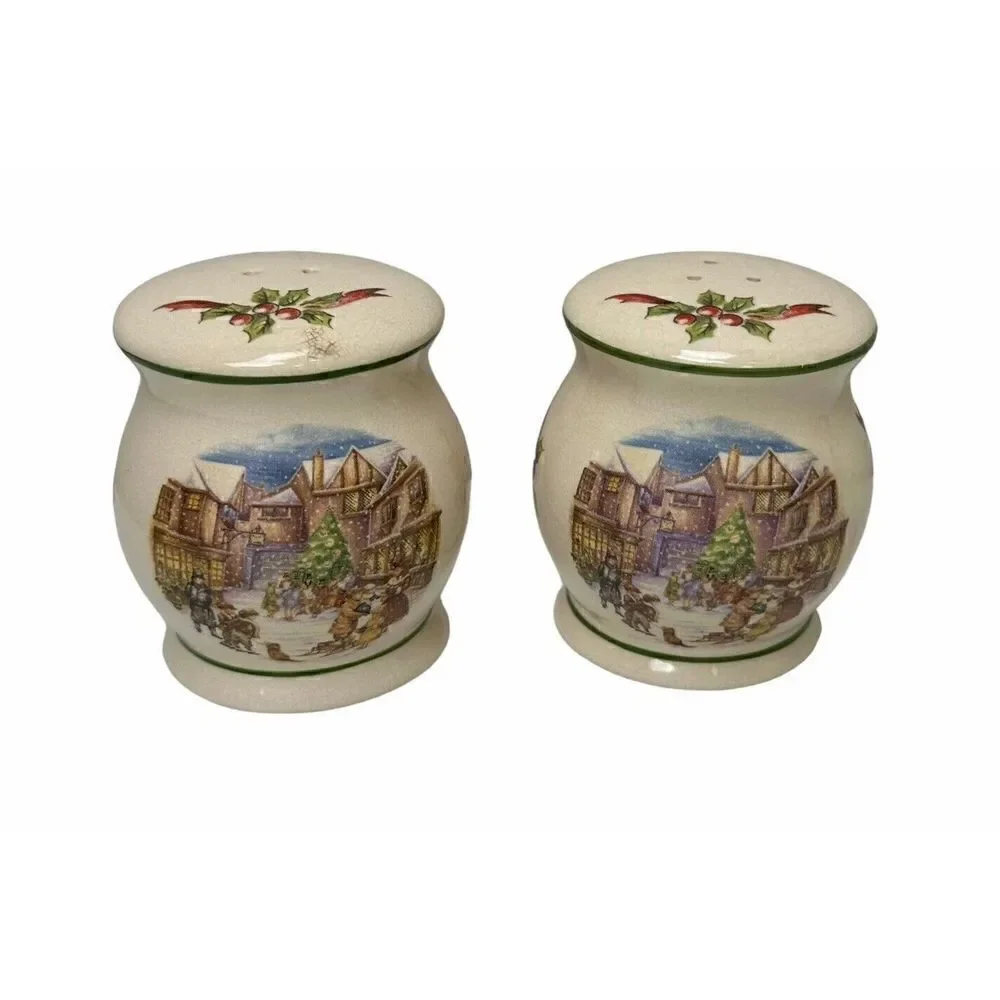 Stoneware CIB Dickens Winter Scene Salt Pepper Shakers Christmas Holidays